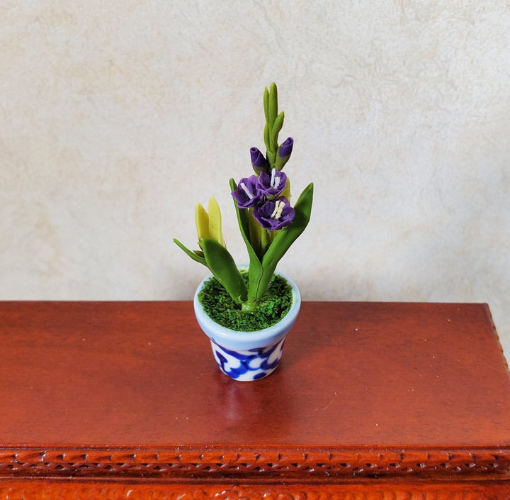 Dollhouse Purple Gladiolas in Blue & White Ceramic Pot 1:12 Scale Miniature - MiniatureCrush