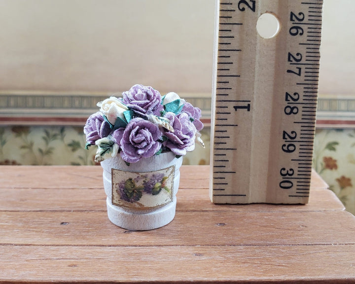 Dollhouse Purple Paper Flowers in Wooden Bucket Handmade 1:12 Scale Miniature - MiniatureCrush