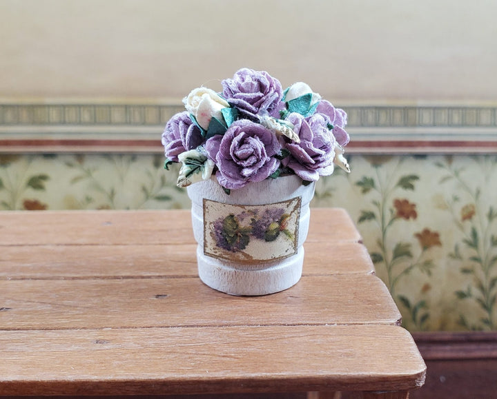 Dollhouse Purple Paper Flowers in Wooden Bucket Handmade 1:12 Scale Miniature - MiniatureCrush