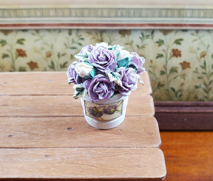 Dollhouse Purple Paper Flowers in Wooden Bucket Handmade 1:12 Scale Miniature - MiniatureCrush