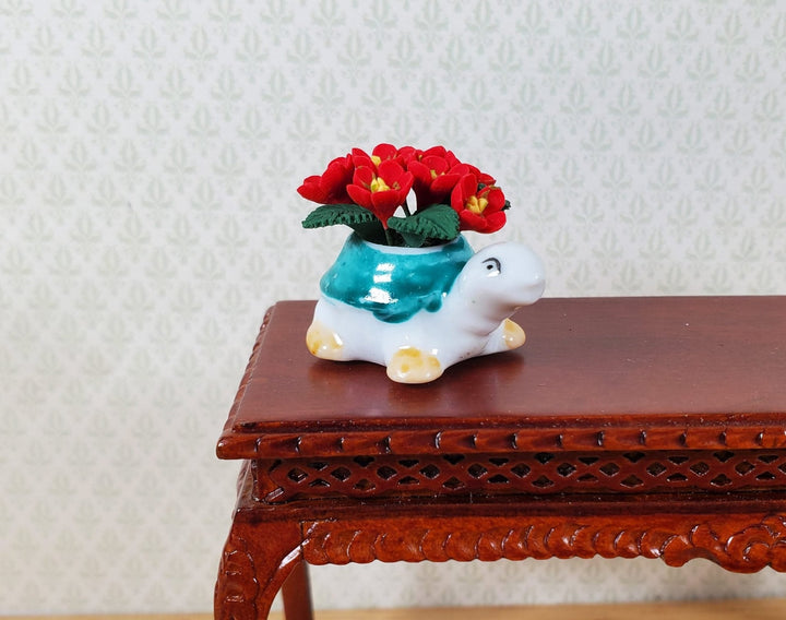 Dollhouse Red Flowers in Green Turtle Planter Pot Ceramic 1:12 Scale Miniature - MiniatureCrush