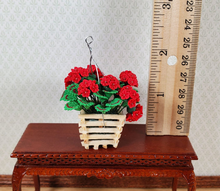 Dollhouse Red Geraniums in a Wood Hanging Basket 1:12 Scale Miniature - MiniatureCrush