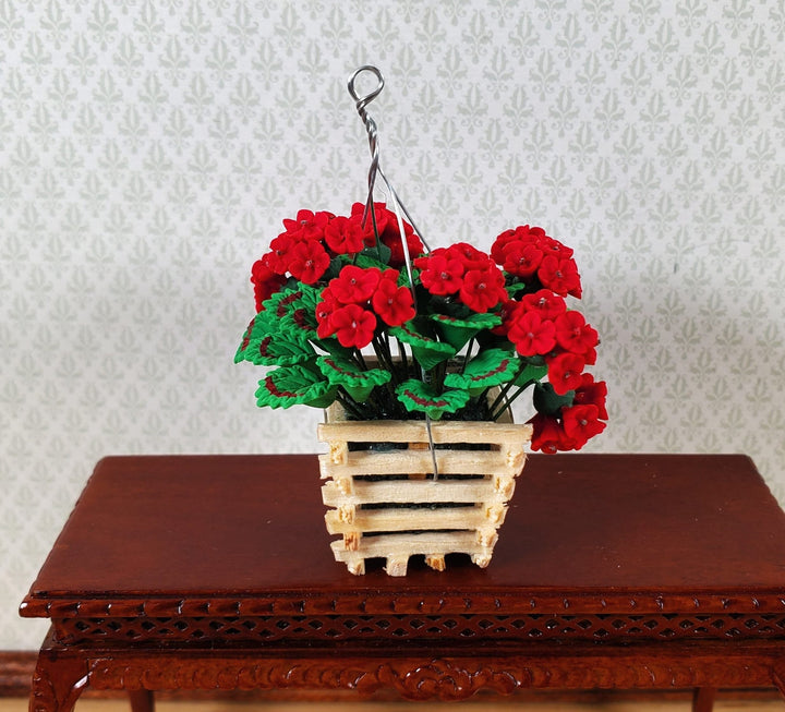 Dollhouse Red Geraniums in a Wood Hanging Basket 1:12 Scale Miniature - MiniatureCrush