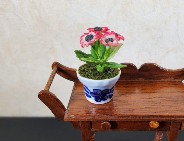 Dollhouse Red & White Anemone in Blue & White Ceramic Pot 1:12 Scale Miniature - MiniatureCrush