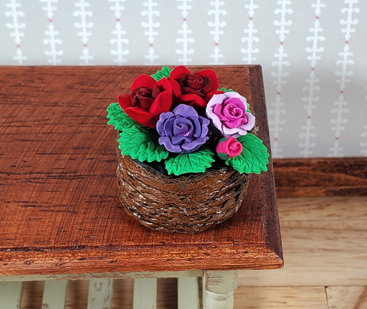 Dollhouse Roses in a Brown Basket Red Pink Purple Flowers 1:12 Scale Miniature - Miniature Crush