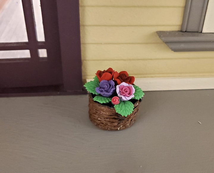 Dollhouse Roses in a Brown Basket Red Pink Purple Flowers 1:12 Scale Miniature - Miniature Crush