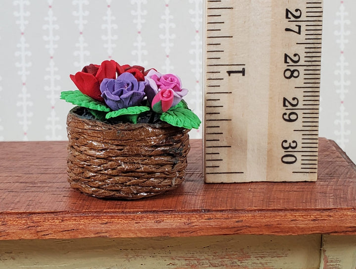 Dollhouse Roses in a Brown Basket Red Pink Purple Flowers 1:12 Scale Miniature - Miniature Crush