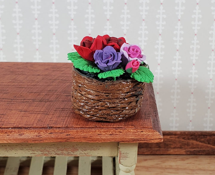 Dollhouse Roses in a Brown Basket Red Pink Purple Flowers 1:12 Scale Miniature - Miniature Crush