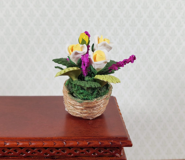 Dollhouse Roses in Natural Fiber Basket White Yellow Purple Flowers 1:12 Scale - Miniature Crush
