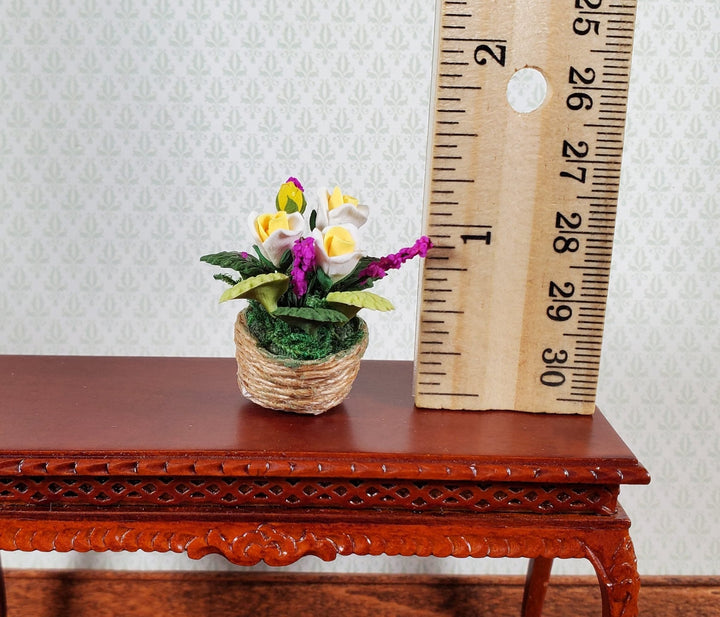 Dollhouse Roses in Natural Fiber Basket White Yellow Purple Flowers 1:12 Scale - Miniature Crush