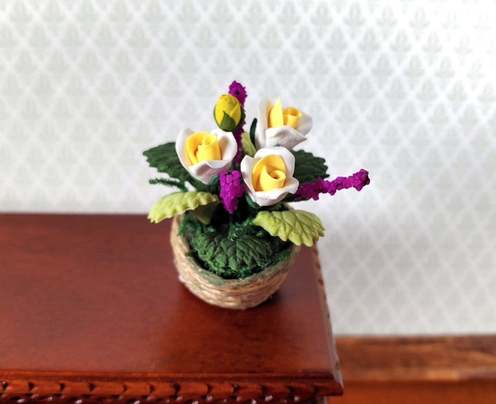 Dollhouse Roses in Natural Fiber Basket White Yellow Purple Flowers 1:12 Scale - Miniature Crush