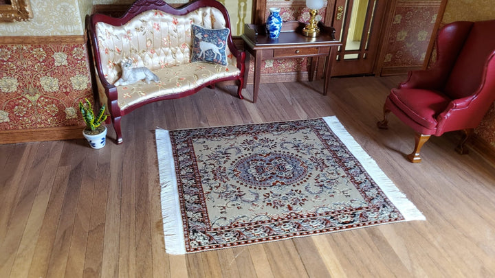 Dollhouse Rug Fabric Square Persian Style Beige Rust 1:12 Scale Miniature Carpet - Miniature Crush