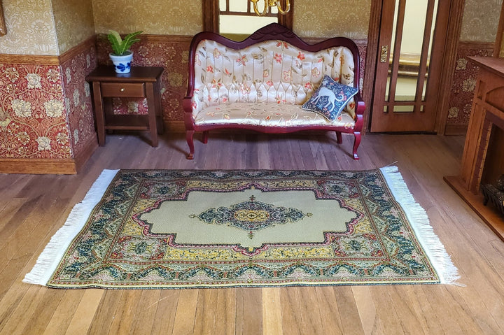 Dollhouse Rug Woven Fabric Gold and Green Victorian Style 1:12 Scale Miniature - MiniatureCrush