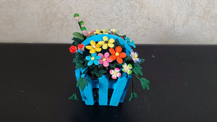 Dollhouse Spring Florals in Blue Picket Planter 1:12 Scale Miniature - MiniatureCrush