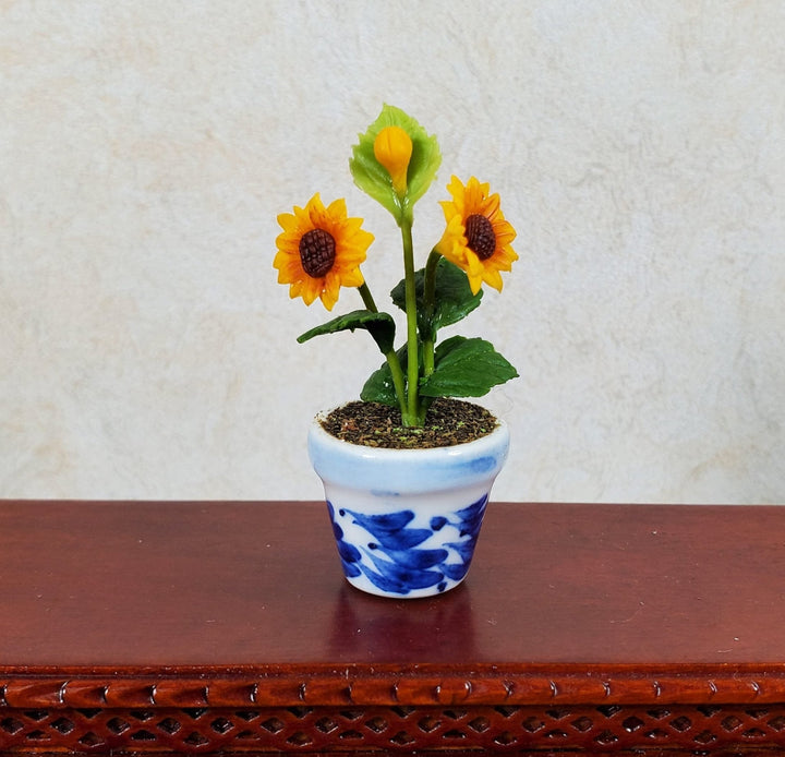 Dollhouse Sunflowers Plant in Blue and White Ceramic Pot 1:12 Scale Miniature - MiniatureCrush