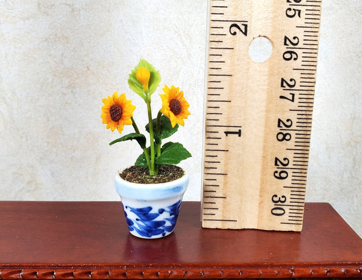 Dollhouse Sunflowers Plant in Blue and White Ceramic Pot 1:12 Scale Miniature - MiniatureCrush