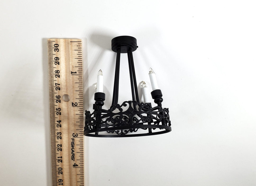 Dollhouse Tudor Chandelier Candle Battery Light Black Metal 1:12 Scale Miniature - Miniature Crush