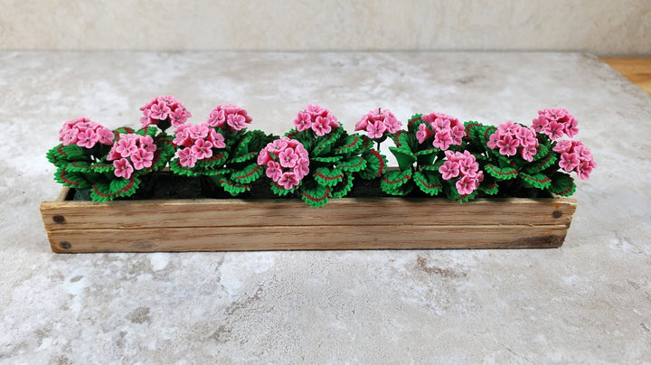 Dollhouse VPink Geraniums in 5.5" Wooden Window Box Planter 1:12 Scale Miniature - MiniatureCrush