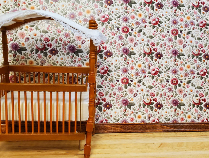 Dollhouse Wallpaper Flower Garden Pink Purple Cream 1:12 Scale MiniatureCrush - Miniature Crush