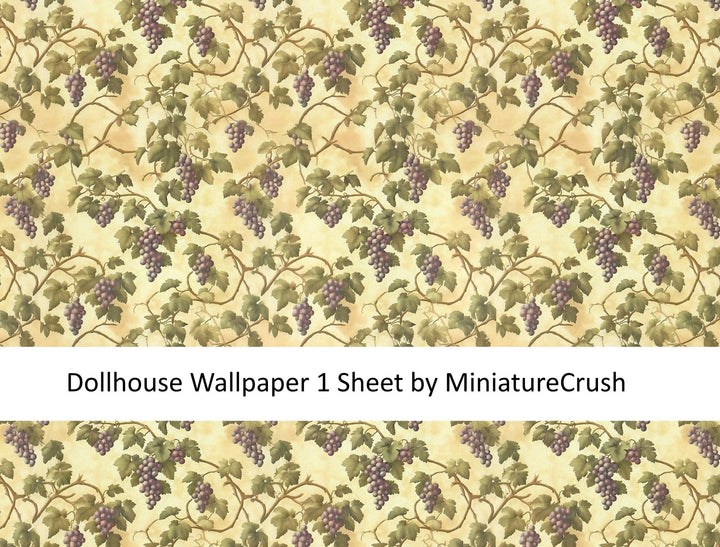 Dollhouse Wallpaper Grapevines with Purple Grapes 1:12 Scale by MiniatureCrush - Miniature Crush
