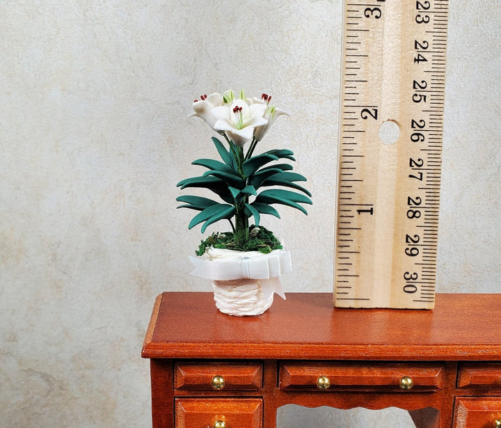 Dollhouse White Easter Lilies in White Basket with Bow 1:12 Scale Miniature - MiniatureCrush