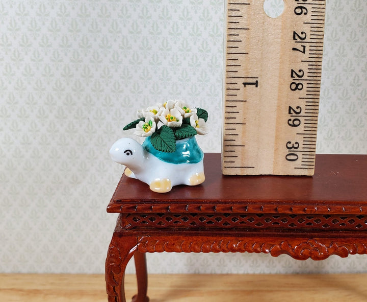 Dollhouse White Flowers in Green Ceramic Turtle Planter Pot 1:12 Scale Miniature - MiniatureCrush