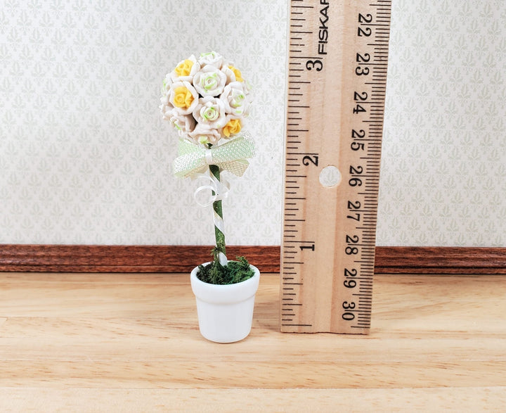 Dollhouse White Rose Wedding Topiary in a White Ceramic Pot 1:12 Scale Miniature - MiniatureCrush