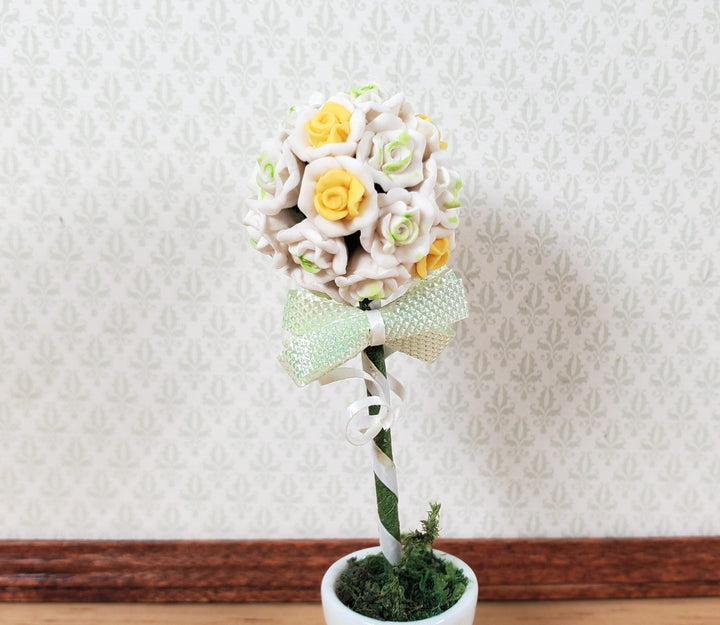 Dollhouse White Rose Wedding Topiary in a White Ceramic Pot 1:12 Scale Miniature - MiniatureCrush
