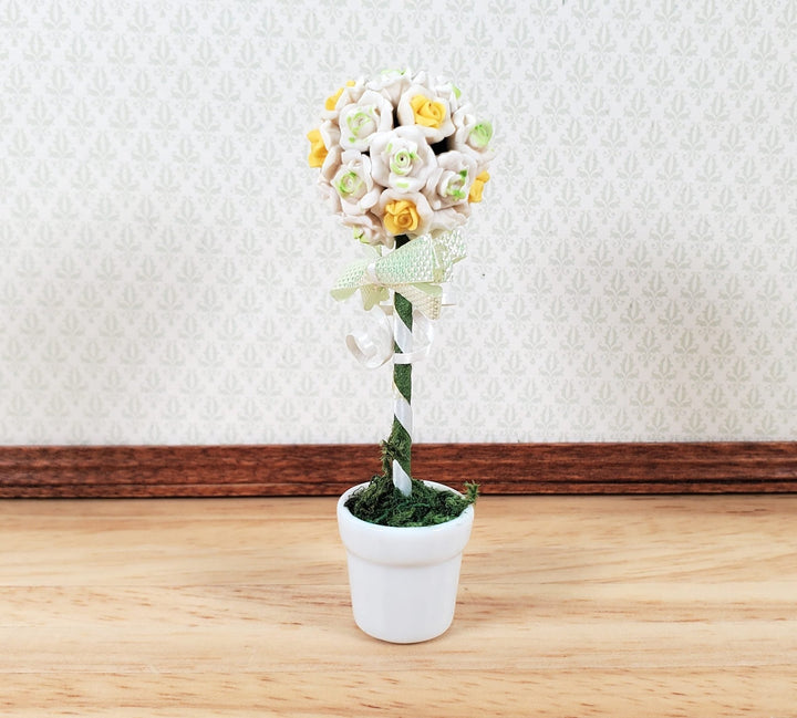 Dollhouse White Rose Wedding Topiary in a White Ceramic Pot 1:12 Scale Miniature - MiniatureCrush
