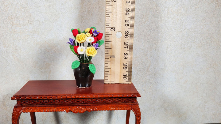 Dollhouse Yellow Roses & Asst Flowers in Black Ceramic Vase 1:12 Scale Miniature - MiniatureCrush