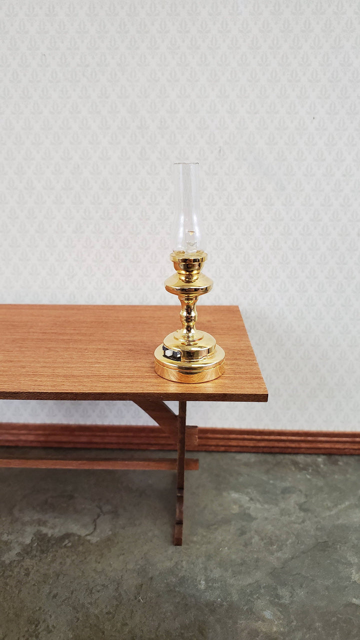 Dollhouse Miniature Battery Light Hurricane Table Lamp Gold 1:12 Scale Lantern