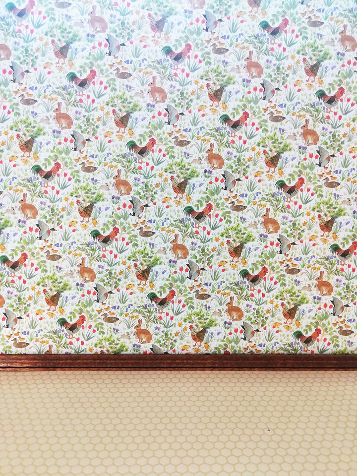 Dollhouse Kitchen Wallpaper Roosters Bunnies Ducks 1:12 Scale Country Springtime