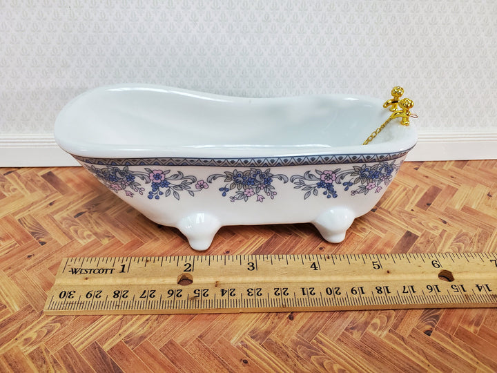 Dollhouse Bathroom Set White & Blue Ceramic Tub Toilet Sink 1:12 Scale Miniature