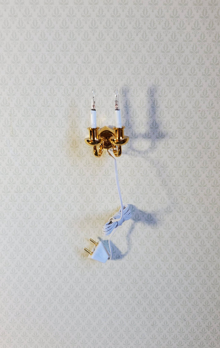 Dollhouse Wall Sconce Double Candle Gold 12 Volt with Plug 1:12 Wall Light