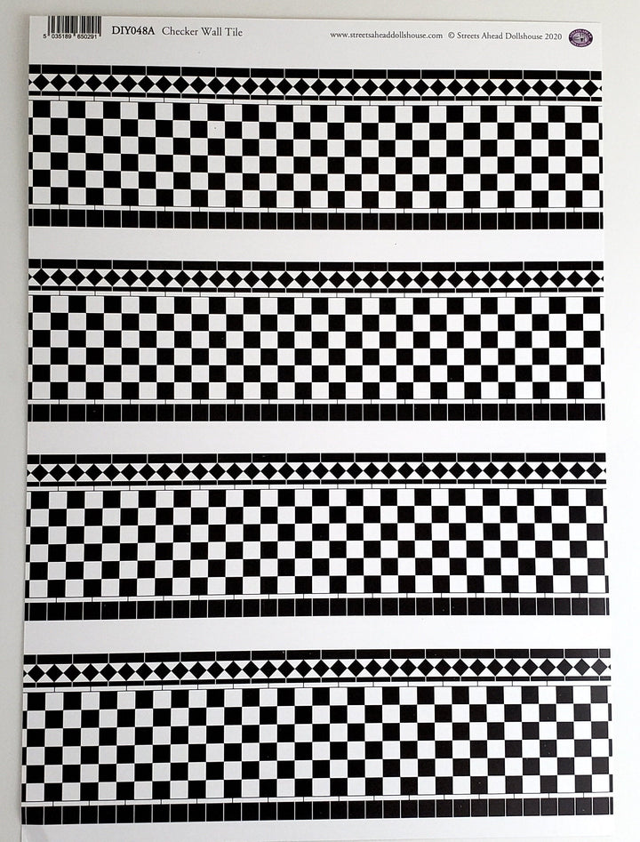 Dollhouse Wall Tiles Paper Black & White Checked Kitchen Bathrooms 1:12 Scale Miniatures