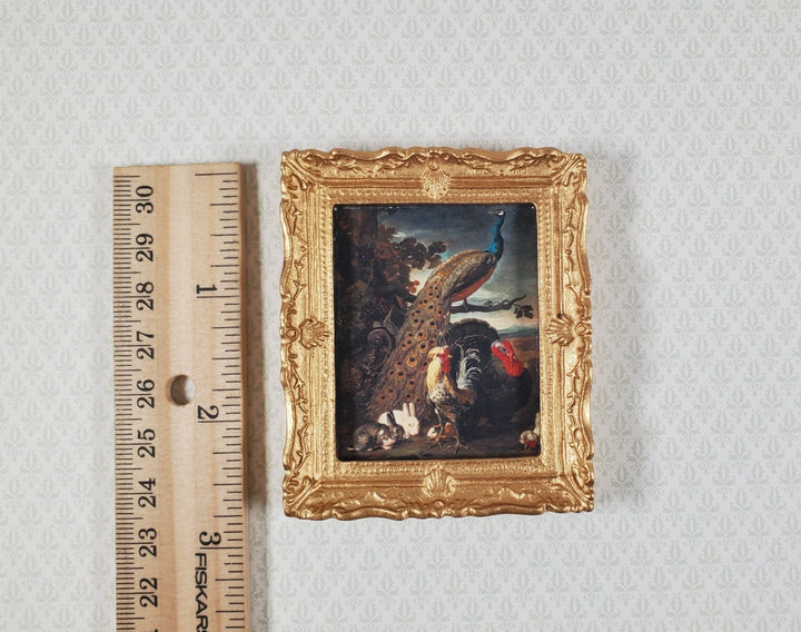 Miniature Framed Peacock Print with Roosters Rabbits 1:12 Scale for Dollhouse - MiniatureCrush