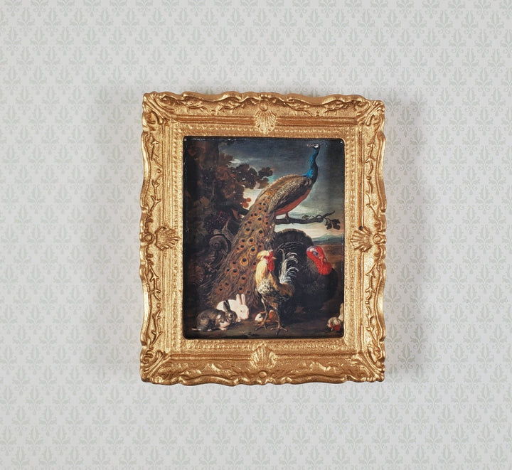 Miniature Framed Peacock Print with Roosters Rabbits 1:12 Scale for Dollhouse - MiniatureCrush