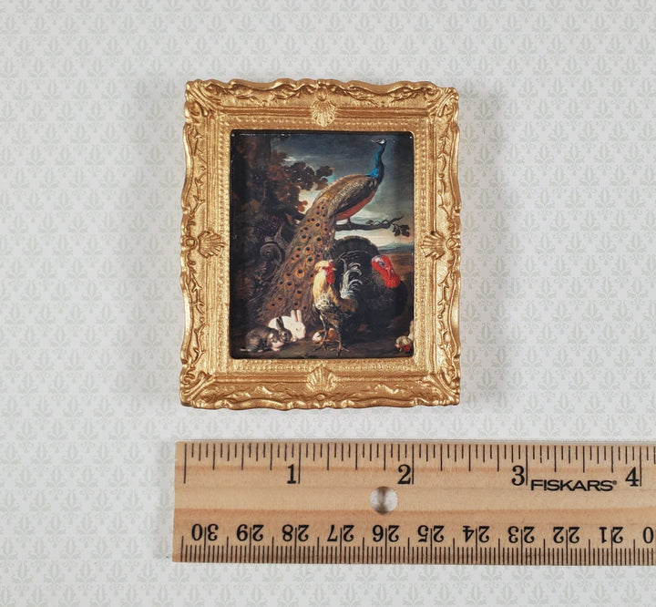 Miniature Framed Peacock Print with Roosters Rabbits 1:12 Scale for Dollhouse - MiniatureCrush