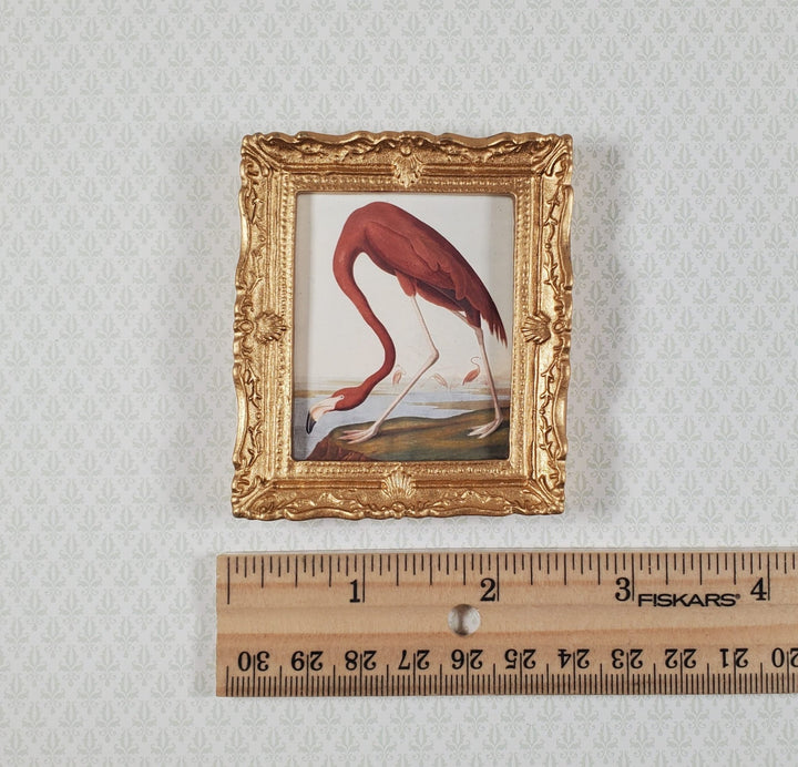 Miniature Pink Flamingo Print John James Audubon 1:12 Scale Dollhouse Gold Frame - MiniatureCrush