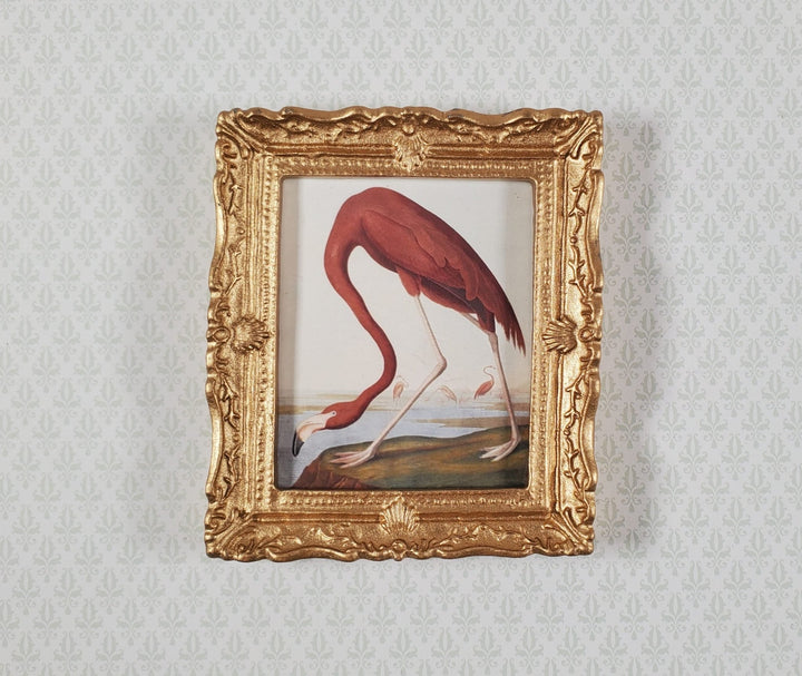 Miniature Pink Flamingo Print John James Audubon 1:12 Scale Dollhouse Gold Frame - MiniatureCrush