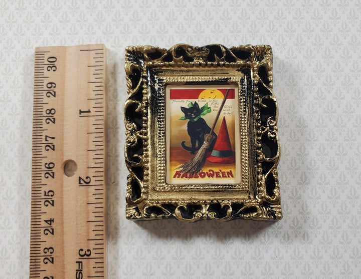 Miniature Vintage Black Cat Halloween Framed Print 1:12 Scale Witch House - MiniatureCrush