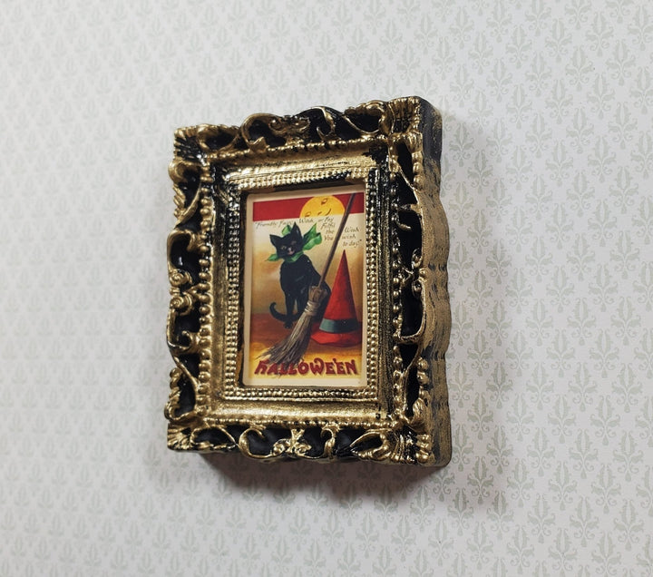 Miniature Vintage Black Cat Halloween Framed Print 1:12 Scale Witch House - MiniatureCrush