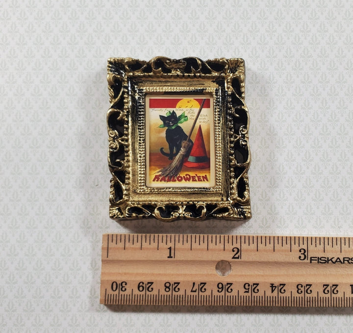 Miniature Vintage Black Cat Halloween Framed Print 1:12 Scale Witch House - MiniatureCrush
