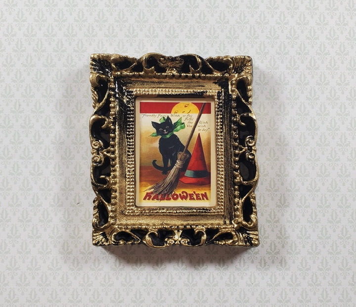 Miniature Vintage Black Cat Halloween Framed Print 1:12 Scale Witch House - MiniatureCrush