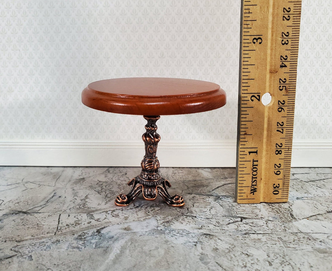 Dollhouse Accent Table with Metal Base Walnut Top Small Round 1:12 Scale Miniature - Miniature Crush