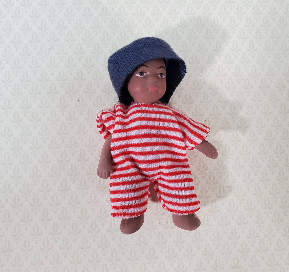 Dollhouse Baby Doll Black Brown Boy Porcelain Moveable 1:12 Scale Miniature Pink Outfit - Miniature Crush