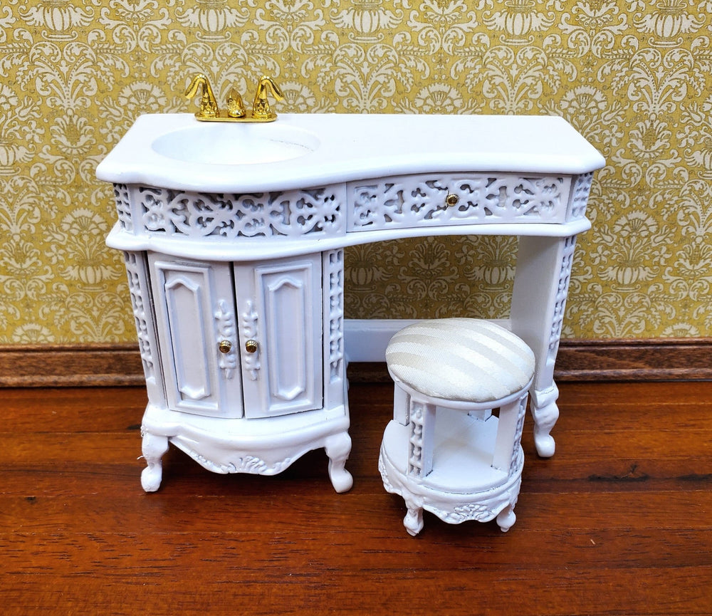 Dollhouse Bathroom Vanity Sink with Stool White Wood 1:12 Scale Miniature Furniture - Miniature Crush