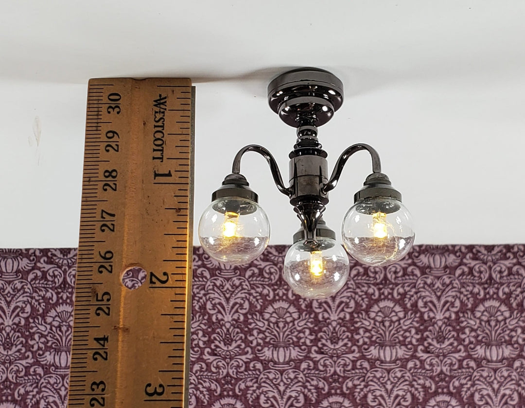 Dollhouse Battery Ceiling Light 3 Arm Globe Chandelier Black Chrome 1:12 Scale - Miniature Crush