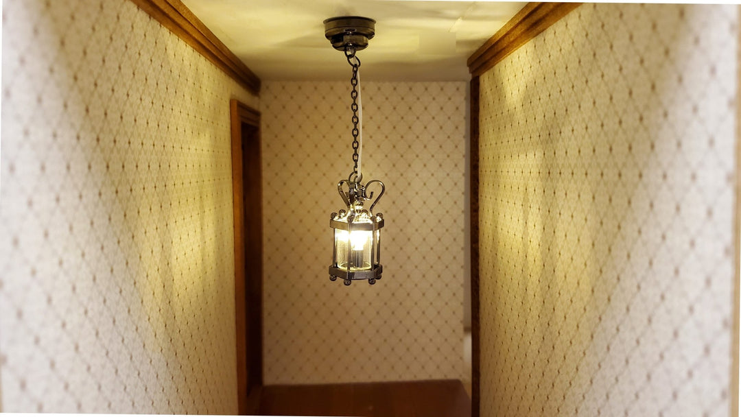 Dollhouse Battery Light Hanging Ceiling Lantern Chrome Black 1:12 Scale Miniature - Miniature Crush