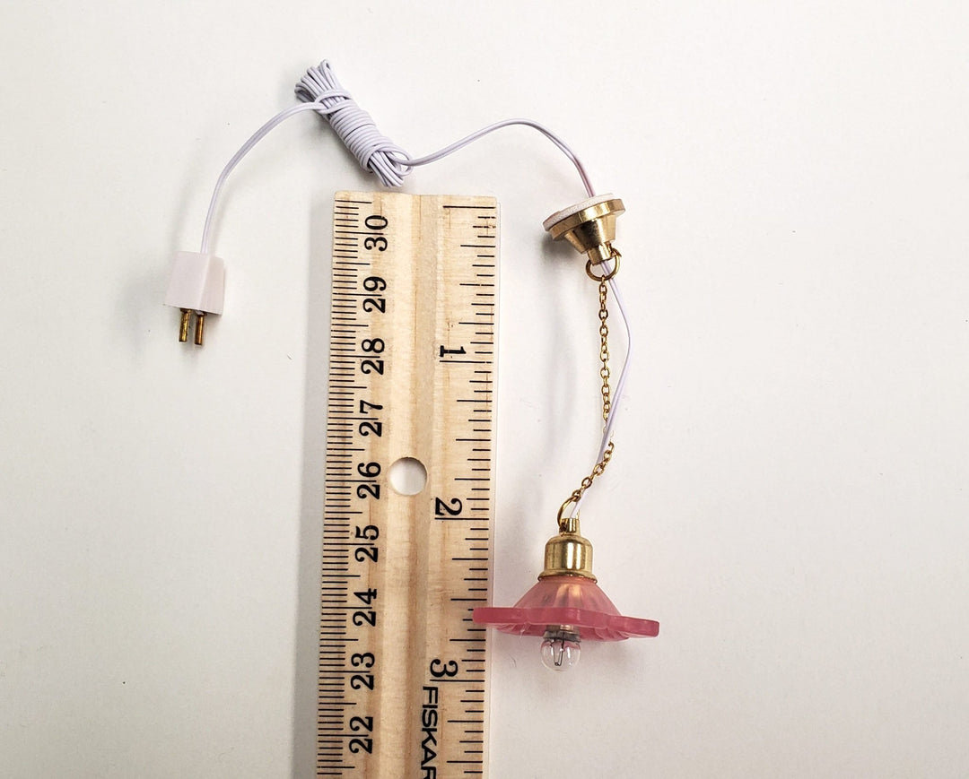 Dollhouse Ceiling Light Frosted Flower Shade PINK 1:12 Scale 12 Volt with Plug - Miniature Crush